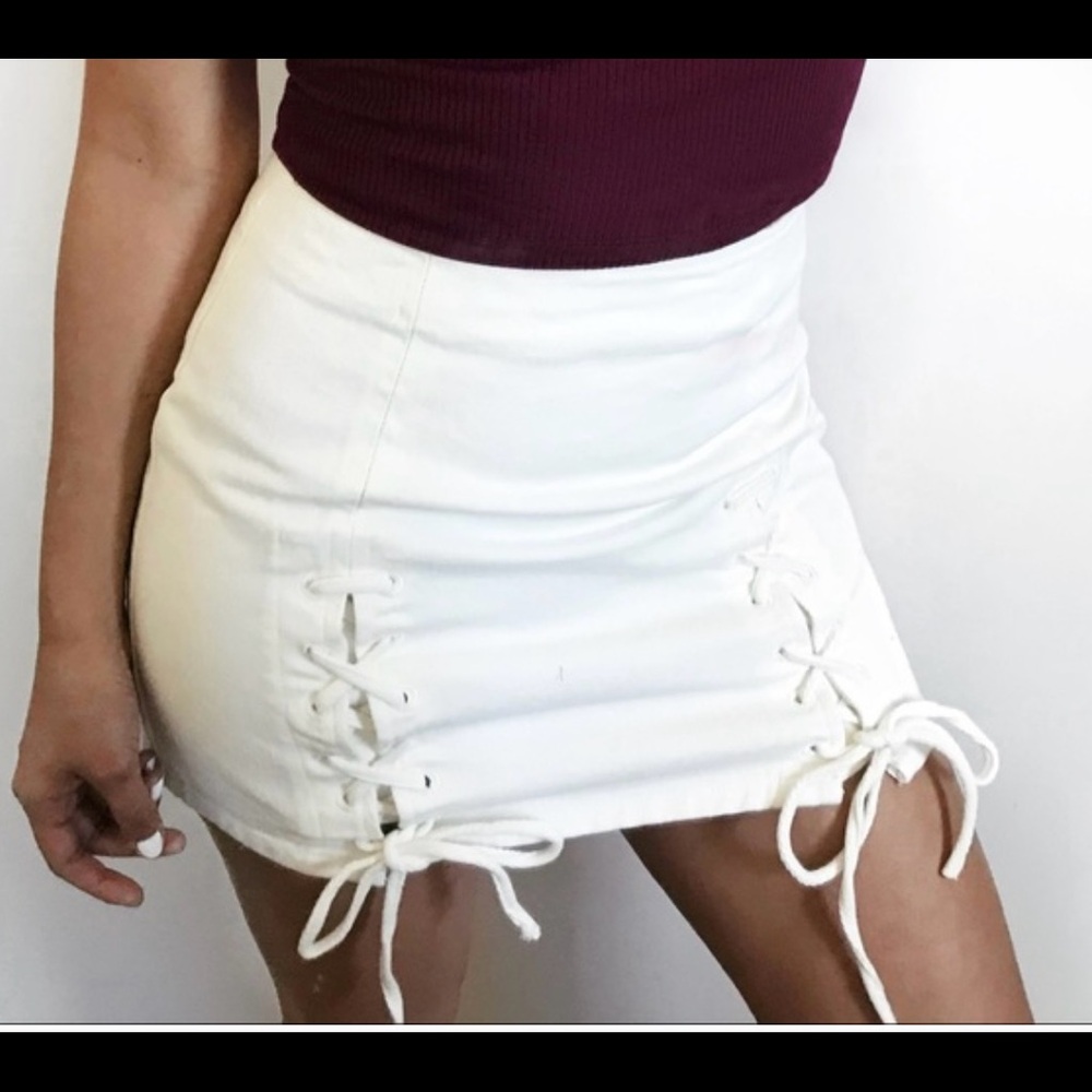 White lace up jean skirt